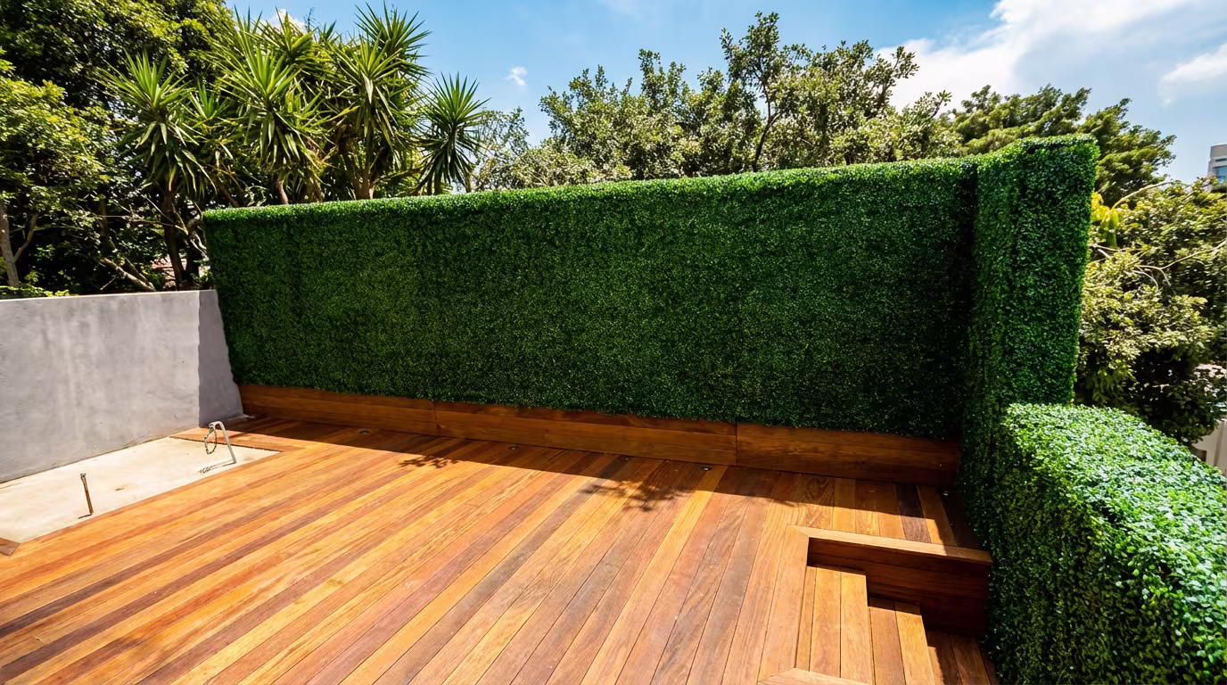 UV-resistant artificial hedge panels around backyard jacuzzi
