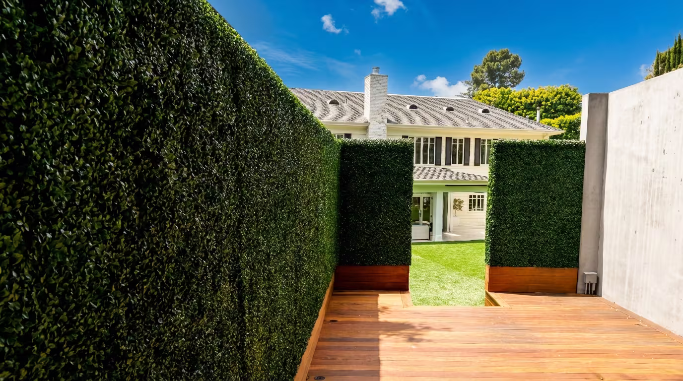 Custom deck-mounted privacy hedge detail