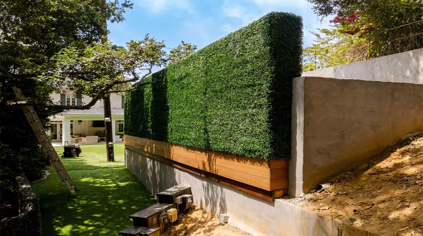 Artificial privacy hedge part-way through installation on a job site