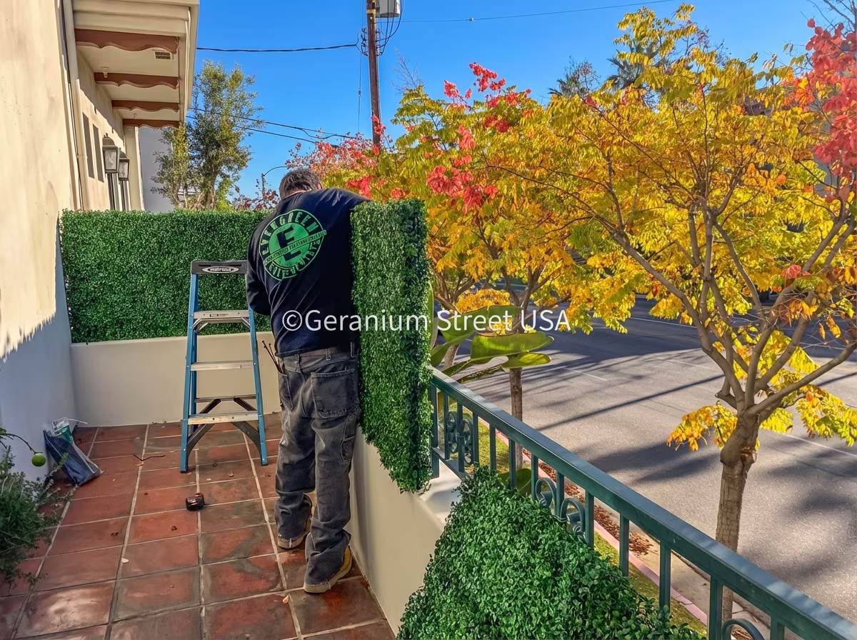 Close-up of UV-resistant artificial boxwood privacy screen