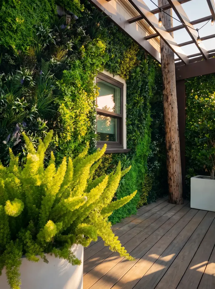 Artificial living wall on a rooftop deck under a pergola